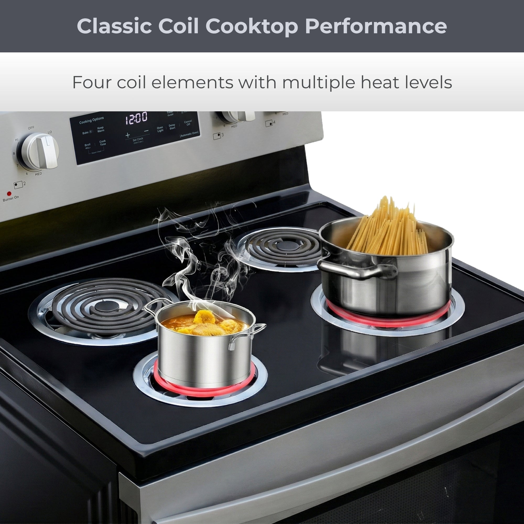 Closeup of the top of the Kenmore stainless steel electric range with two pots filled with steaming food. Text above reads, "Classic coil cooktop performance: Four coil elements with multiple heat levels"