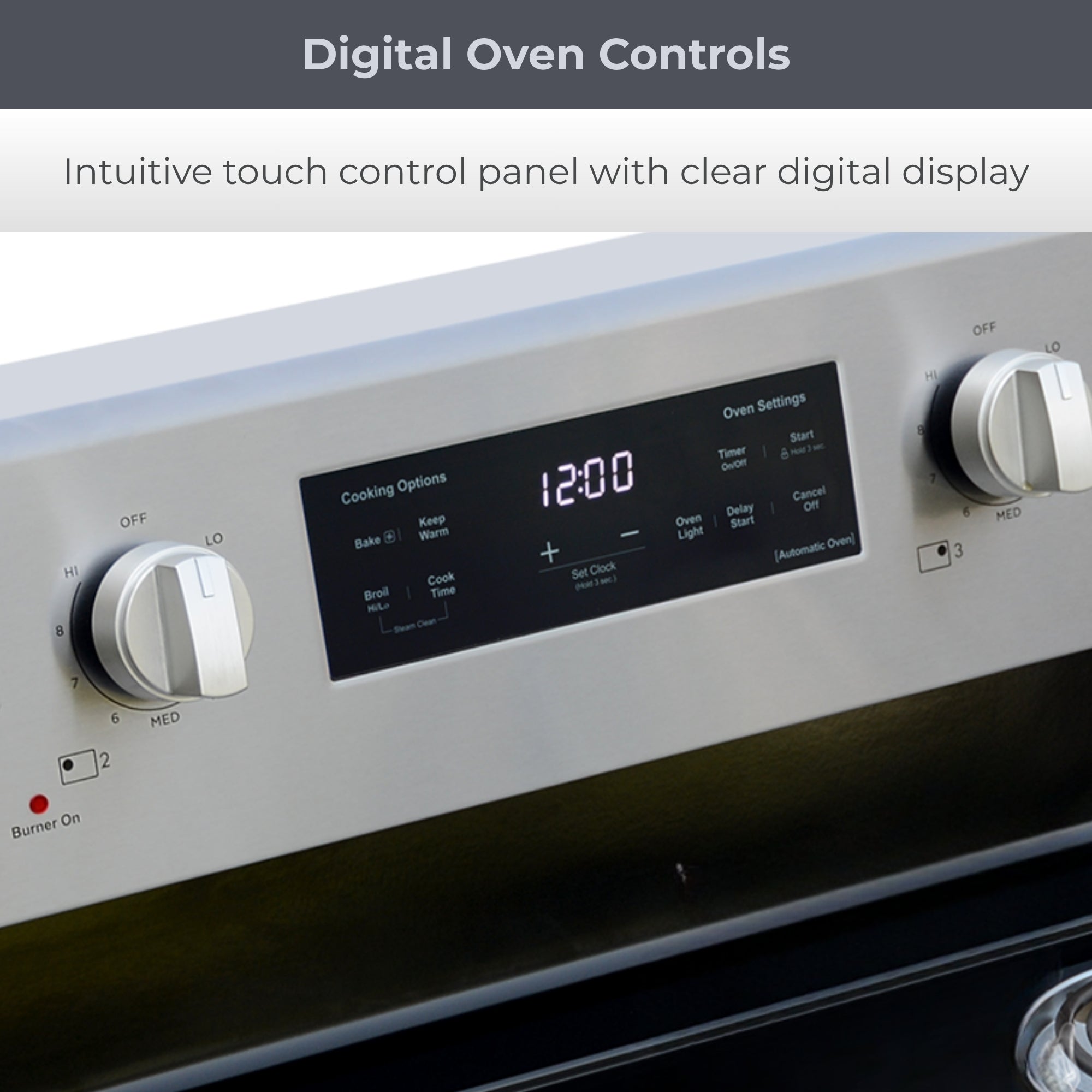 Closeup of the digital control panel on the Kenmore stainless steel electric range. Text above reads, "Digital Oven Controls: Intuitive touch control panel with clear digital display"