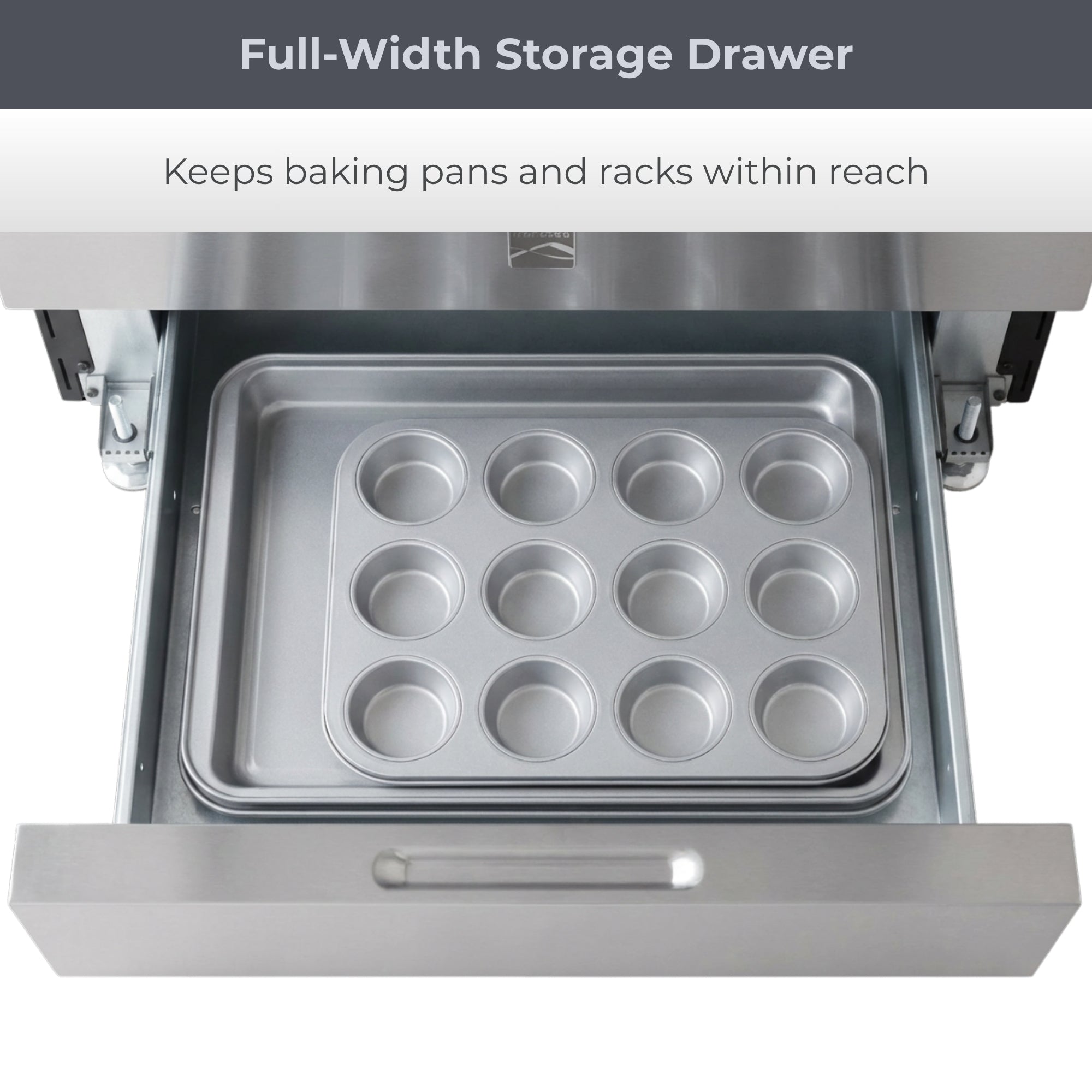 Closeup of the open storage drawer on the Kenmore stainless steel electric range. Text above reads, "Full-Width Storage Drawer: Keeps baking pans and racks within reach"