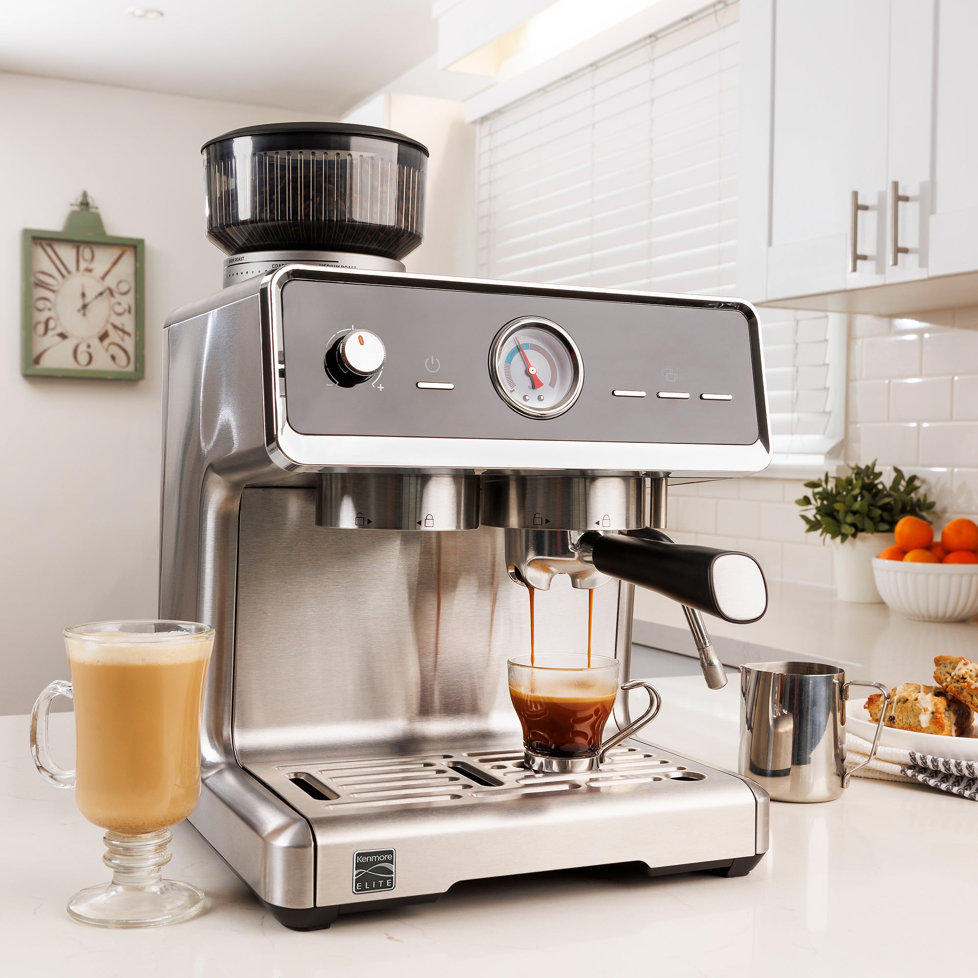 Kenmore Elite Auto-Tamp Espresso Machine With Grinder & Frother Semi-Automatic 15 Bar Italian Pump