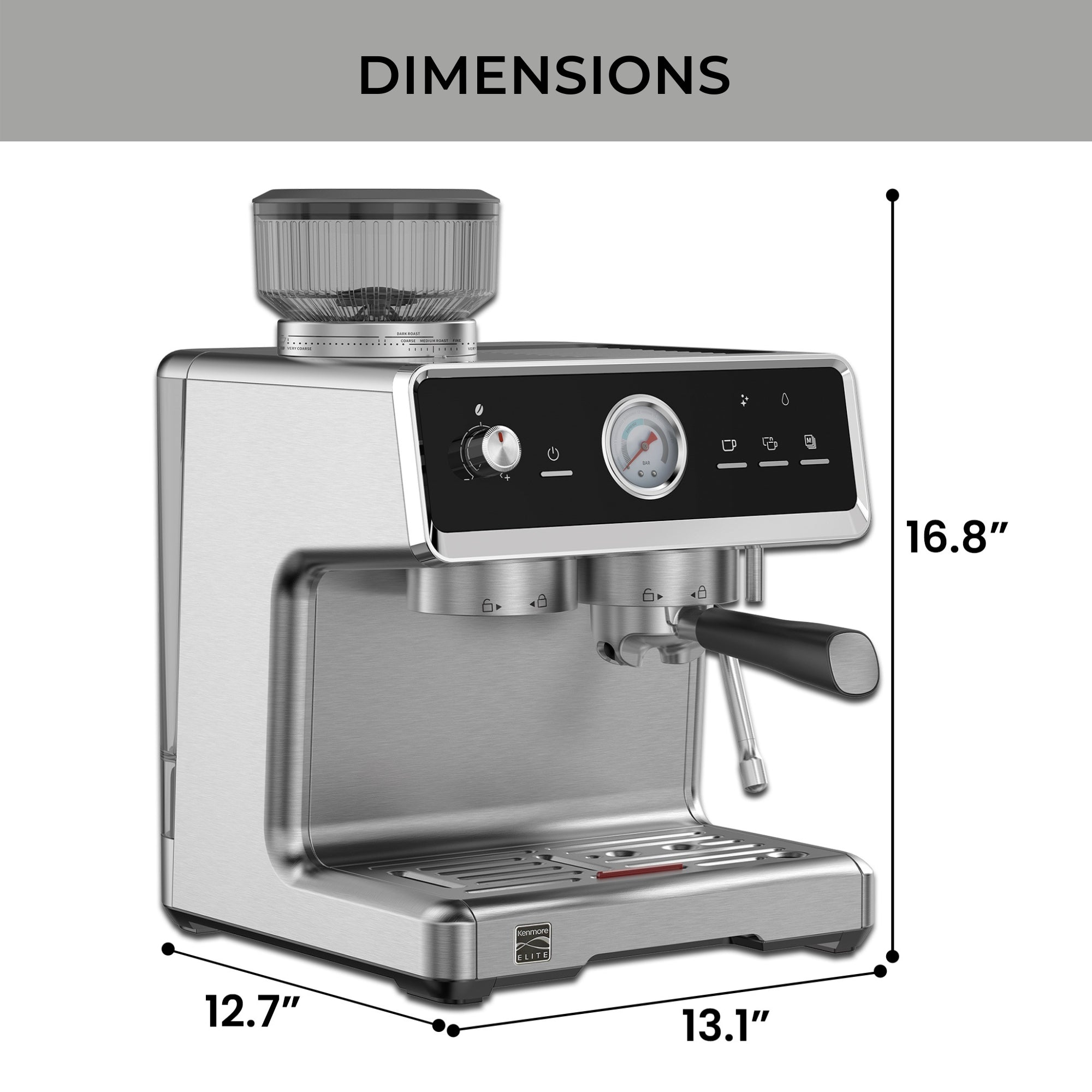 Kenmore Elite Auto-Tamp Espresso Machine With Grinder & Frother Semi-Automatic 15 Bar Italian Pump
