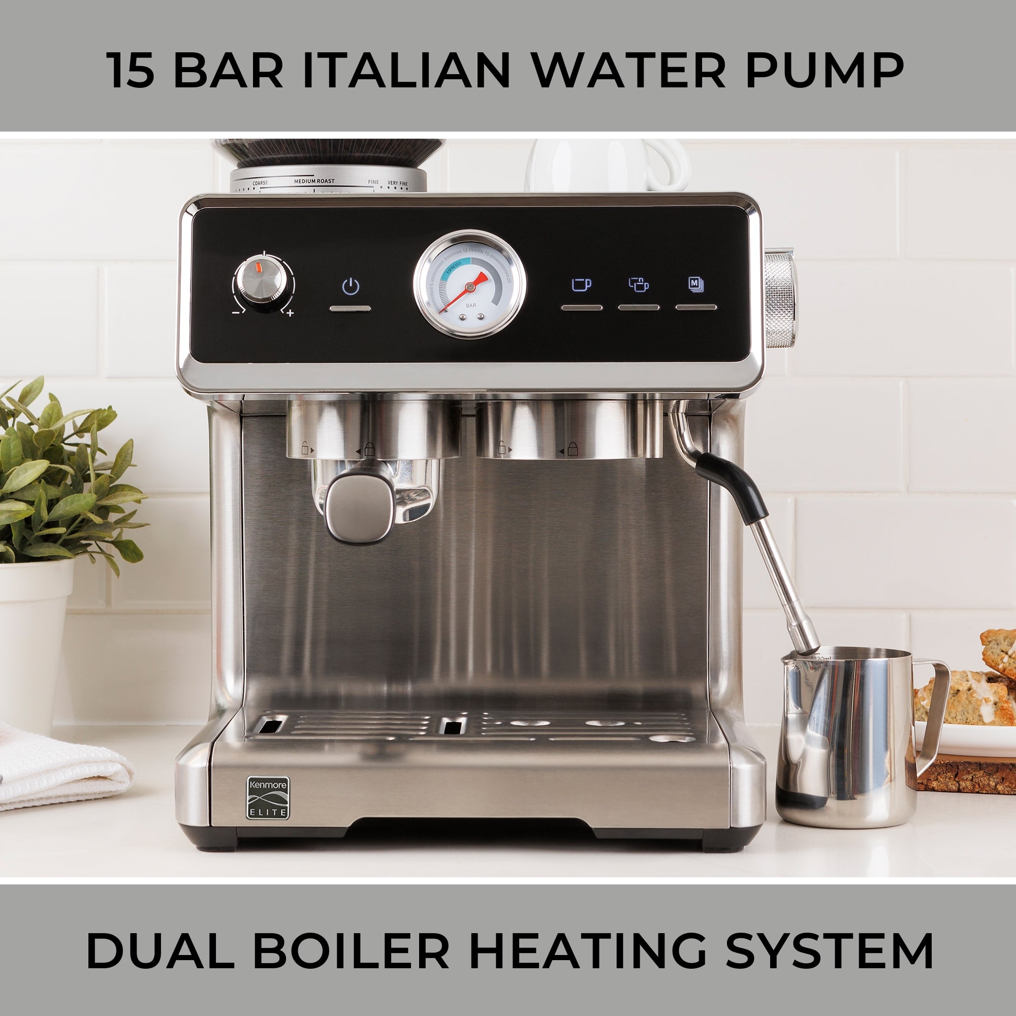 Kenmore Elite Auto-Tamp Espresso Machine With Grinder & Frother Semi-Automatic 15 Bar Italian Pump