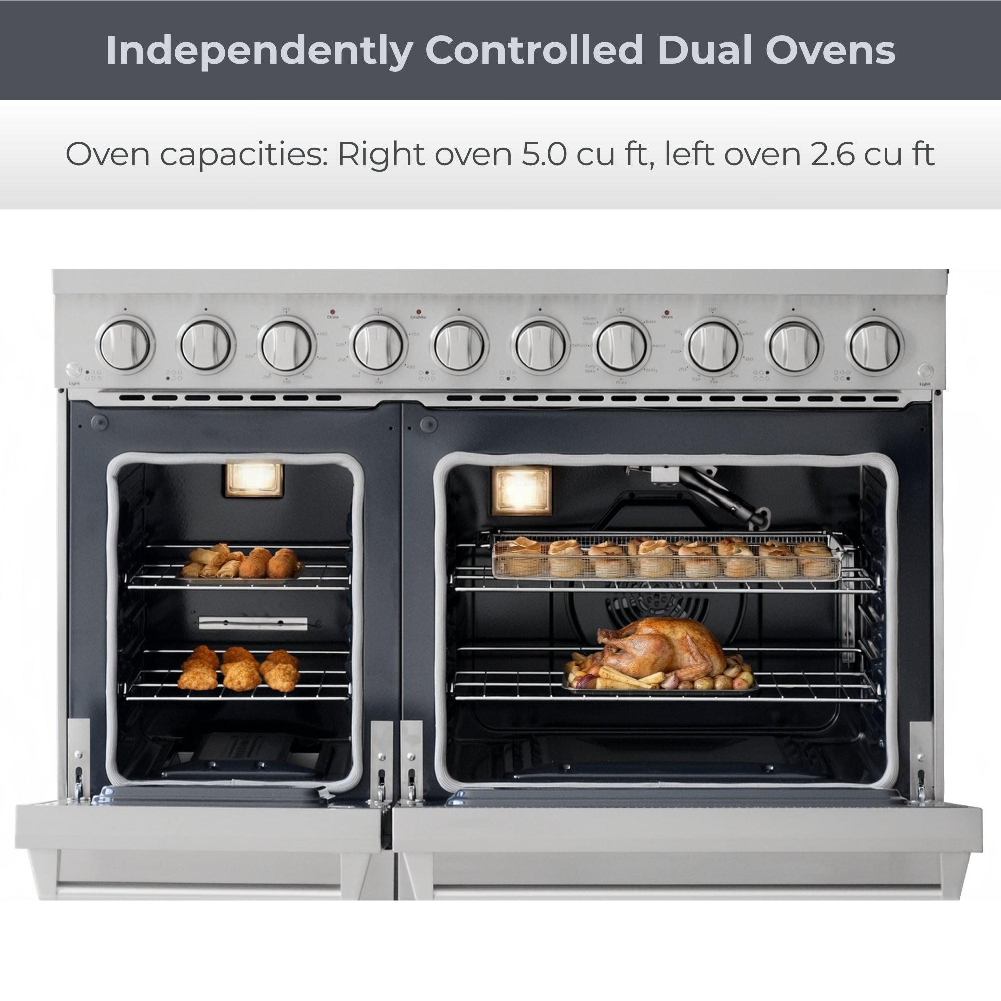 Closeup of open ovens with various foods inside. Text above reads, " Independently Controlled Dual Ovens: Oven capacities: Right oven 5.0 cu ft, left oven 2.6 cu ft "