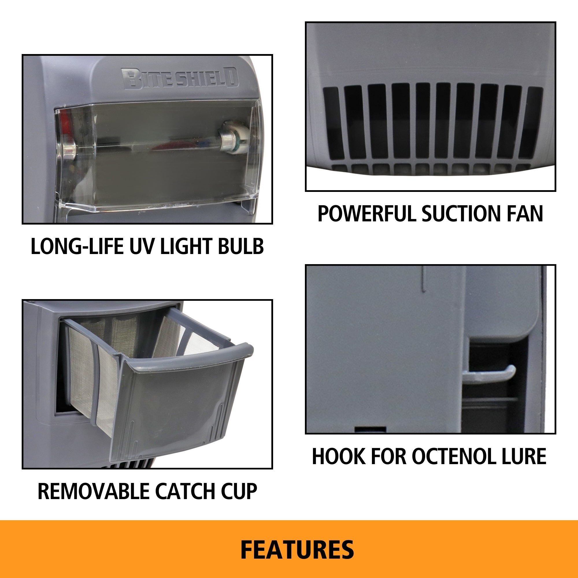 Four closeups, labeled, show features of the Bite Shield wall-mount mosquito and insect trap: Long-life UV light bulb; powerful suction fan; removable catch cup; and hook for Octenol lure.