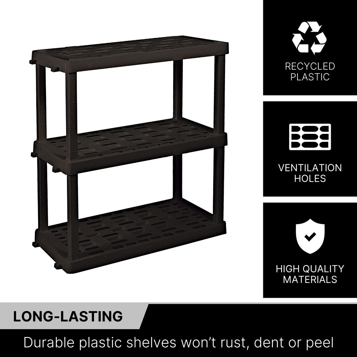 Oskar 3-tier shelf unit on a white background with text and icons to the right describing features: Recycled plastic; ventilation holes; high quality materials. Text below reads,"Long-lasting: Durable plastic shelves won’t rust, dent or peel"