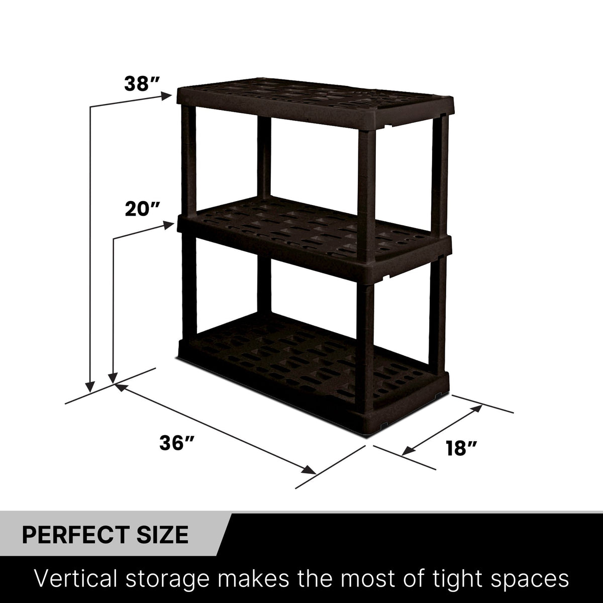 Oskar 3-tier storage shelf unit empty on a white background with dimensions labeled. Text below reads, "Perfect size: Vertical storage makes the most of tight spaces"