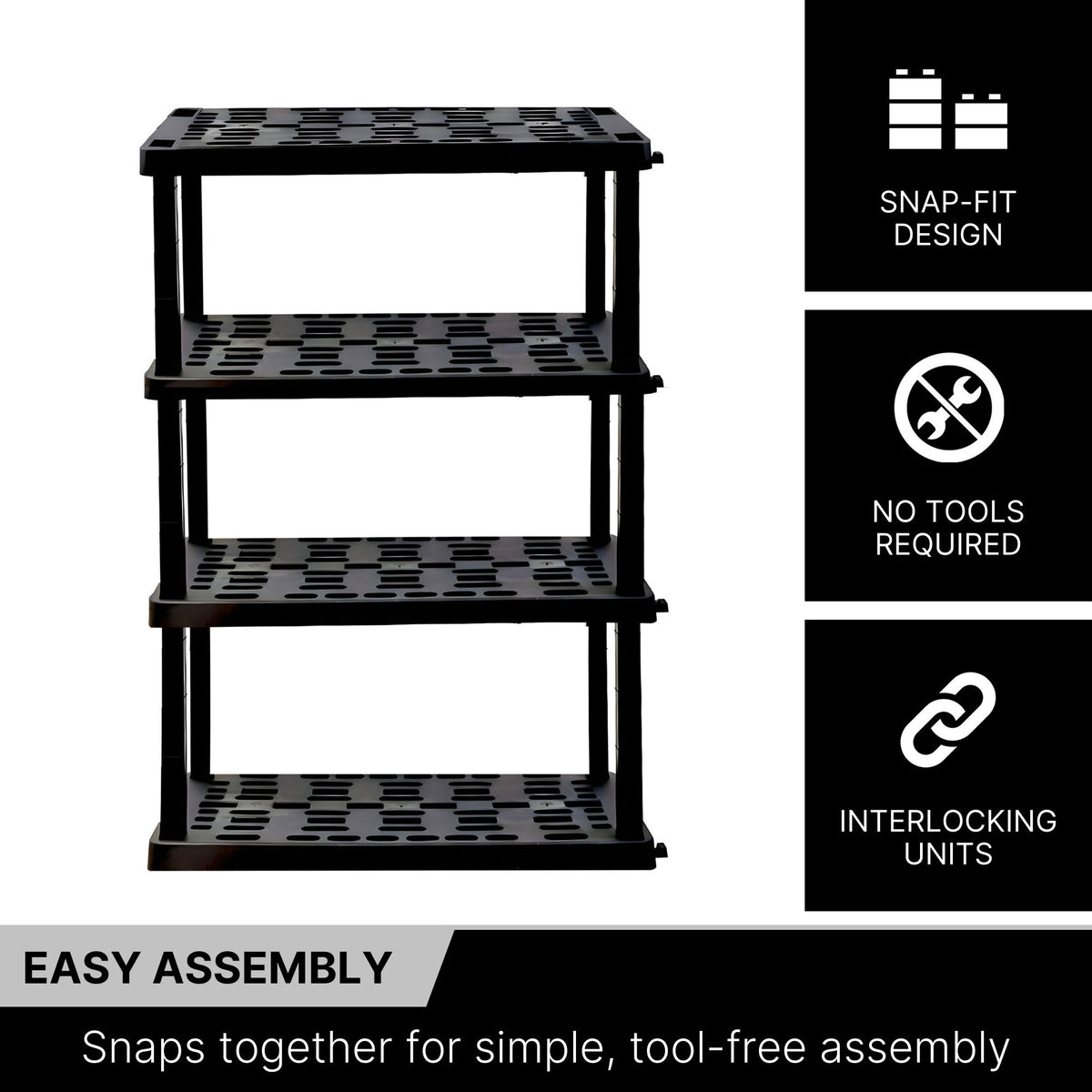Oskar 4-tier storage shelf on a white background with text and icons to the right describing features: Snap-fit design; No tools required; Interlocking units. Text below reads,"Easy assembly: Snaps together for simple, tool-free assembly"