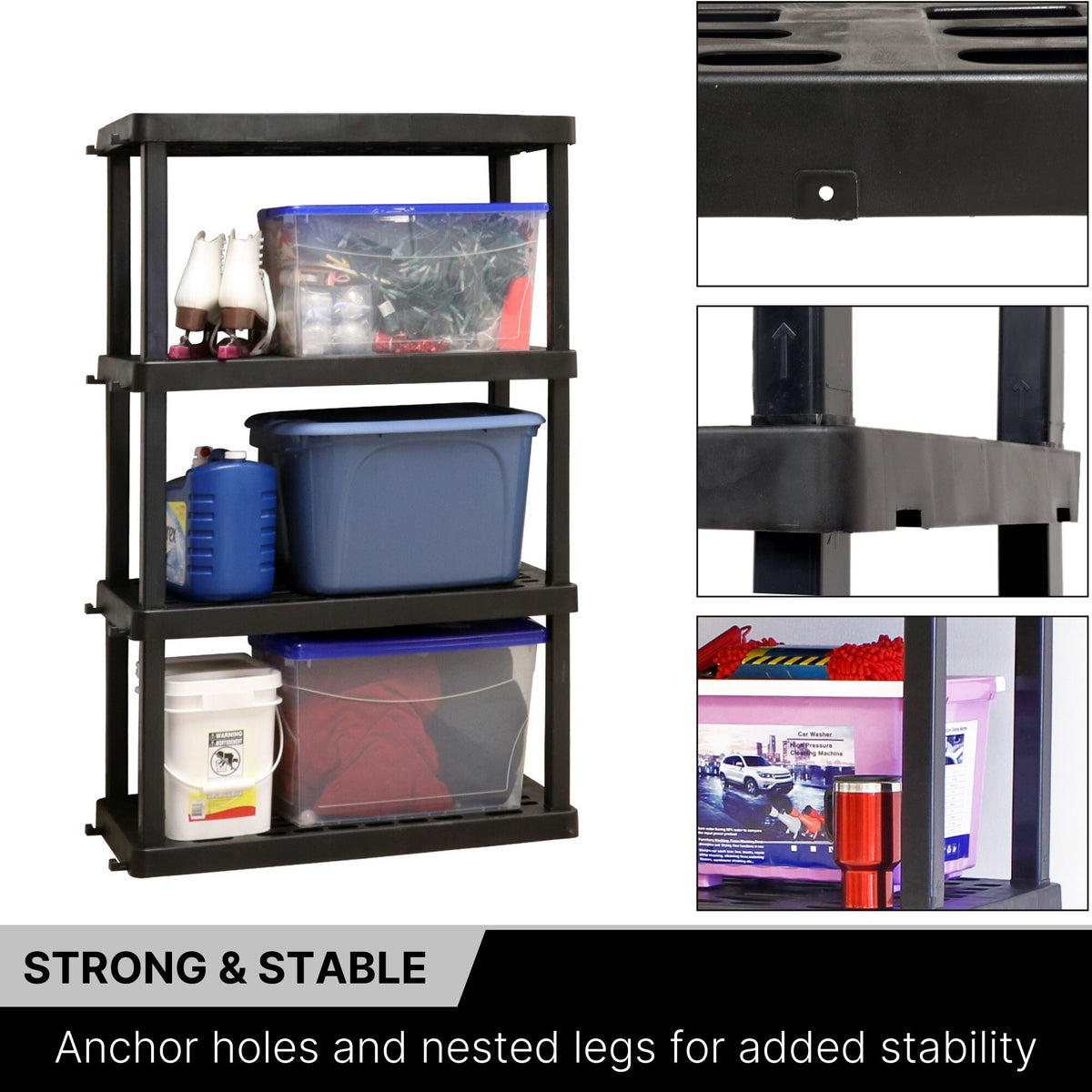 Oskar 4-tier storage shelves storage totes on the shelves on a white background on the left with 3 closeup images to the right showing the anchor holes, nested legs, and height of shelf. Text below reads, "Strong and Stable: Anchor holes and nested legs for added stability"