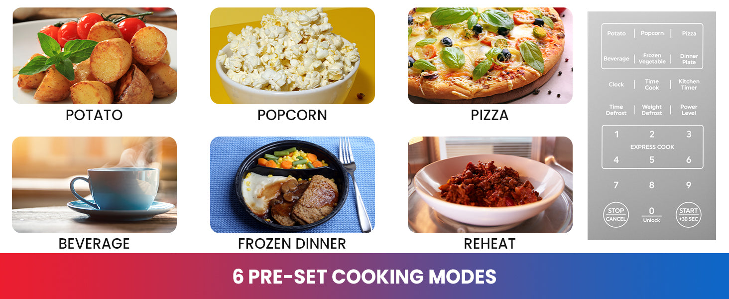 Closeup of controls and 6 images of the presets: potato, popcorn, pizza, beverage, frozen, reheat