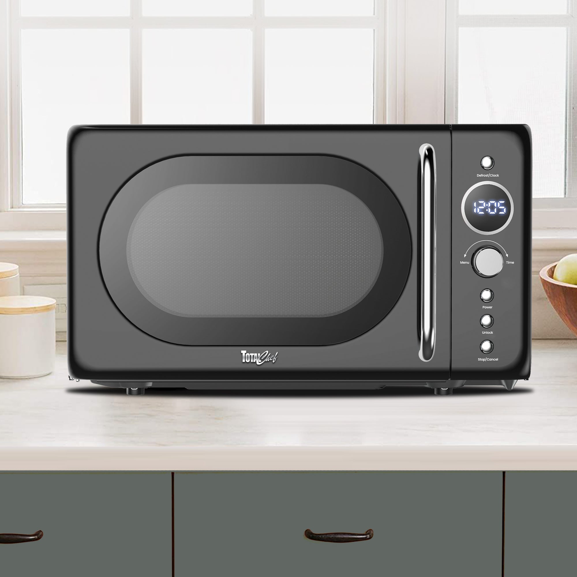 Total Chef Retro Microwave Oven | 20L / 0.7 Cu Ft | Quick Start & Defrost By Weight/Time | 8 Pre-set Cooking Modes For Coffee, Rice, Pasta, Potato, Reheat, Fish, Pizza, Popcorn | 700W | Black