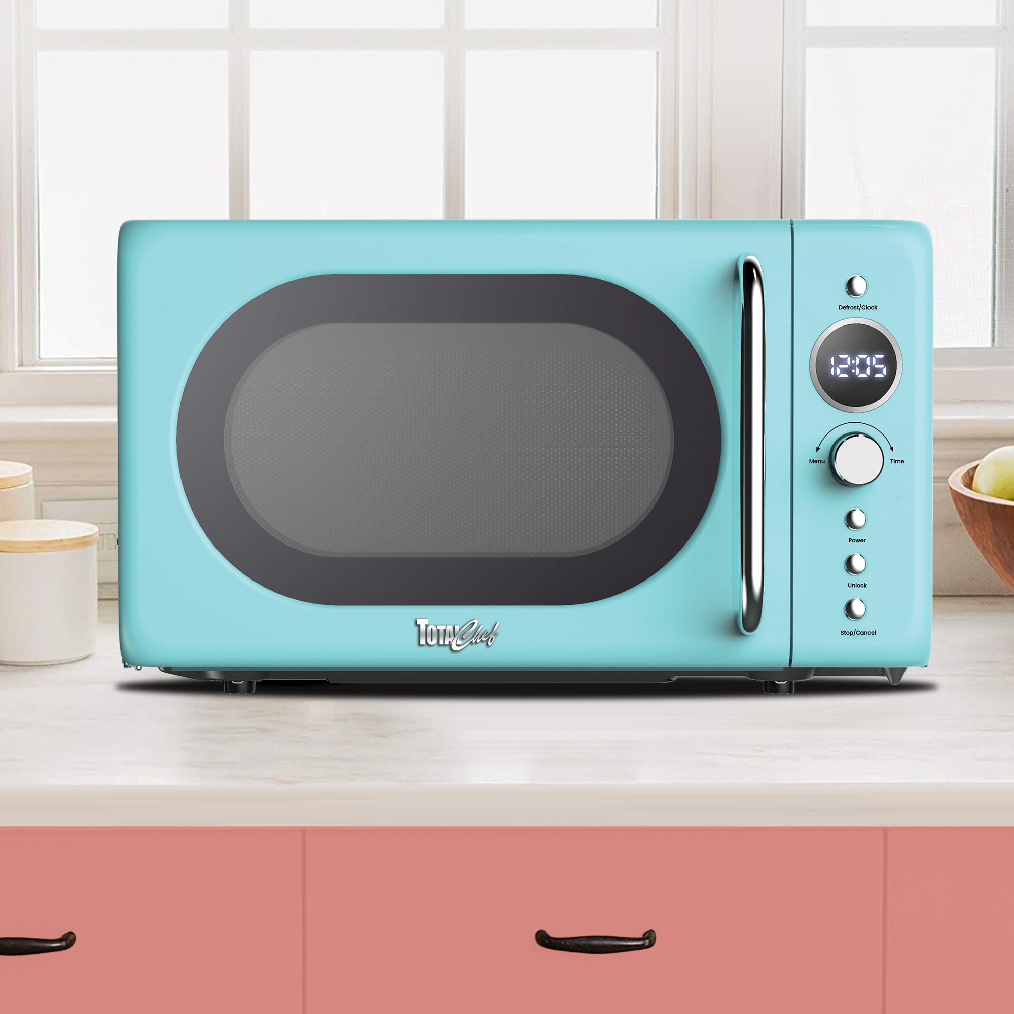 Total Chef Retro Microwave Oven | 20L / 0.7 Cu Ft | Quick Start & Defrost By Weight/Time | 8 Pre-set Cooking Modes For Coffee, Rice, Pasta, Potato, Reheat, Fish, Pizza, Popcorn | 700W | Blue