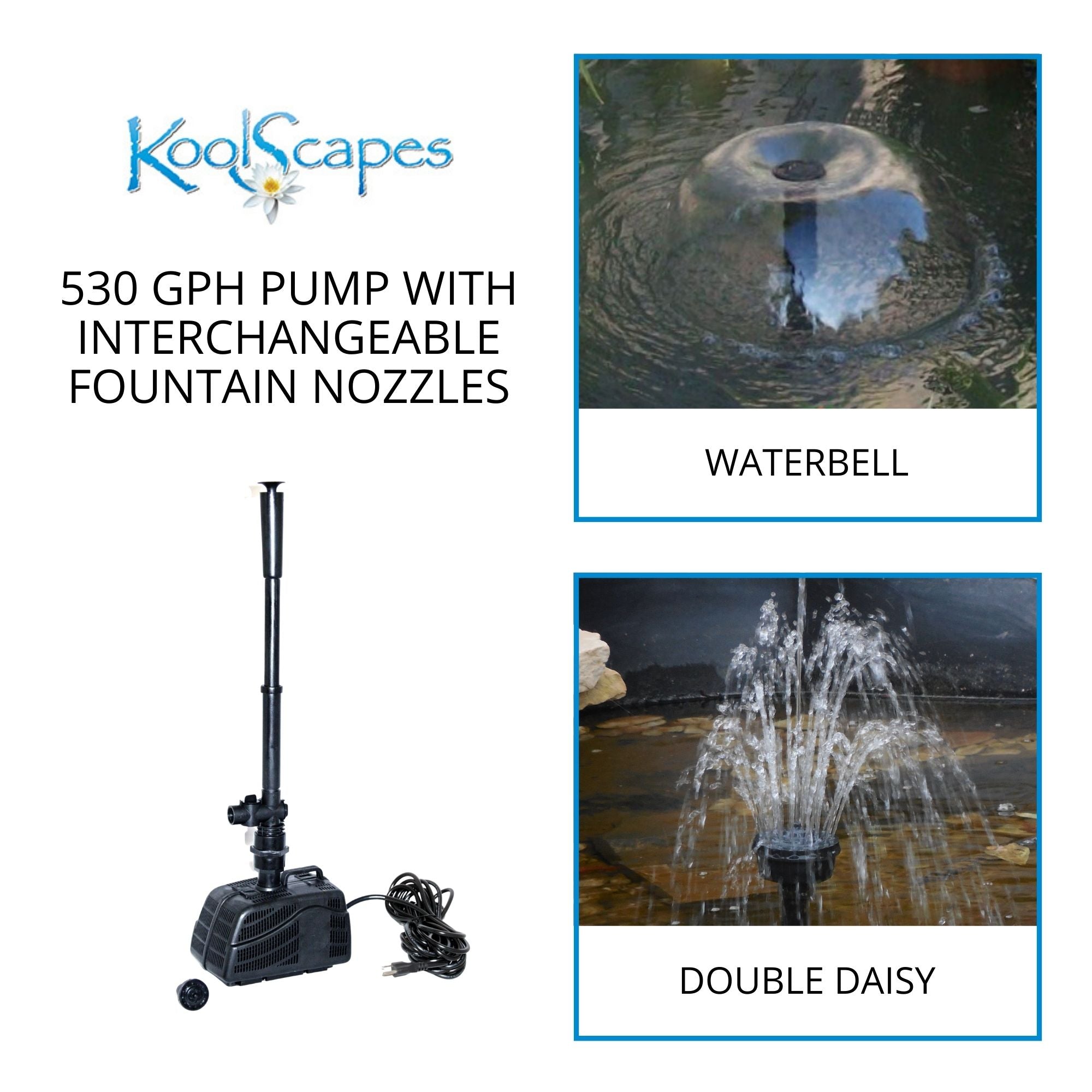 On the left is a product shot of the assembled pond pump on a white background with text above reading, "Koolscapes 530 GPH pump with interchangeable fountain nozzles." On the right are two closeup images of the two types of fountain sprays, labeled waterbell and double daisy