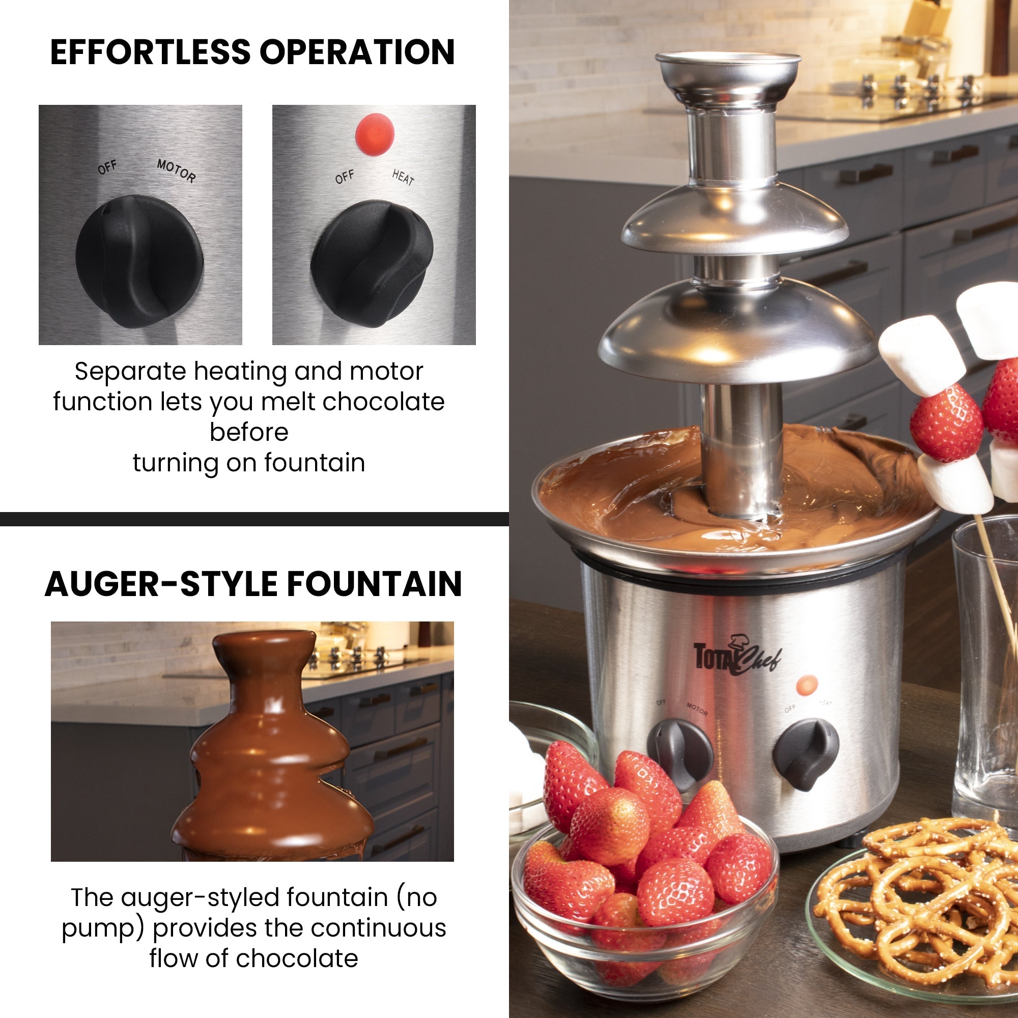 On the right is a lifestyle image of the fountain filled with melted chocolate with skewers and bowls of marshmallows, strawberries and pretzels. Top left shows closeups of control dials with text reading “Effortless operation: separate heating and motor function lets you melt chocolate before turning on fountain.” Bottom left is a closeup of fountain tiers with melted chocolate and text reading, “Auger-style fountain (no pump) provides the continuous flow of chocolate”