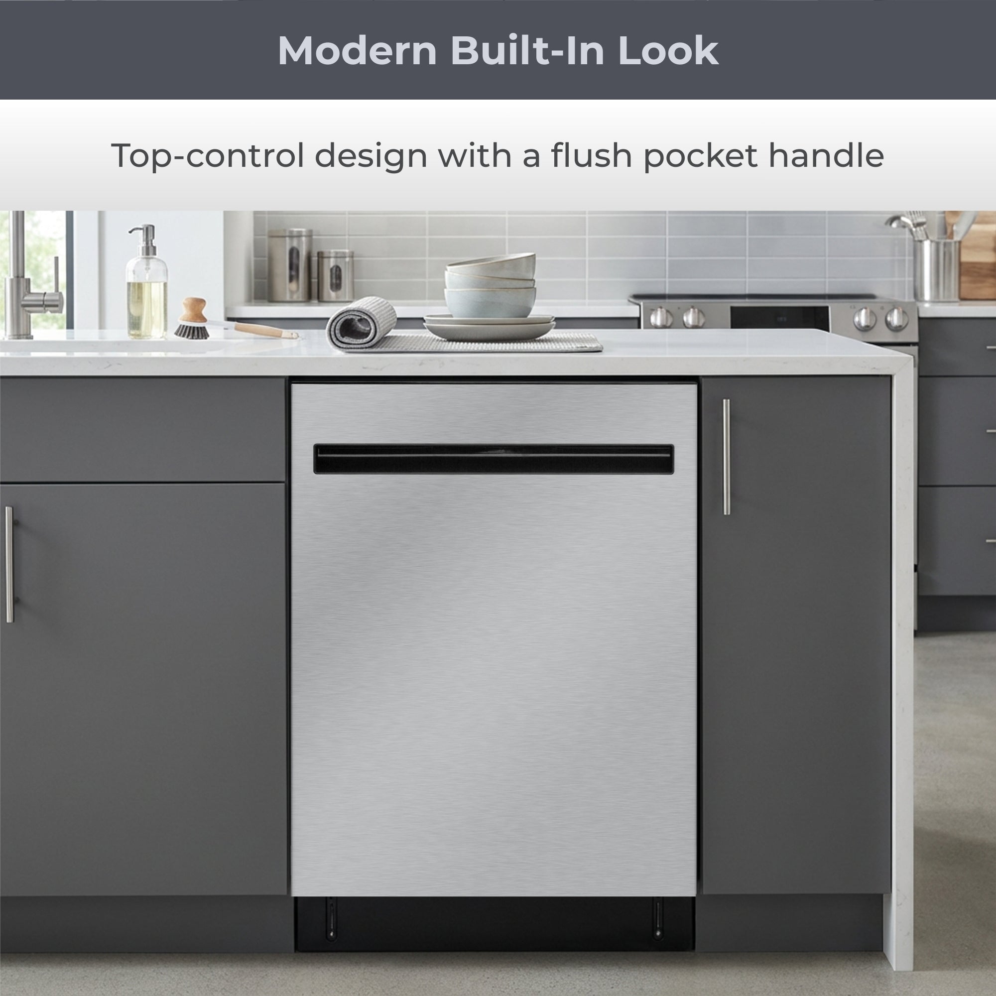 Kenmore ultra-quiet 24-inch top control dishwasher installed in a bright kitchen with grey cabinets. Text above reads, "Modern built-in look: Top control design with a flush pocket handle."