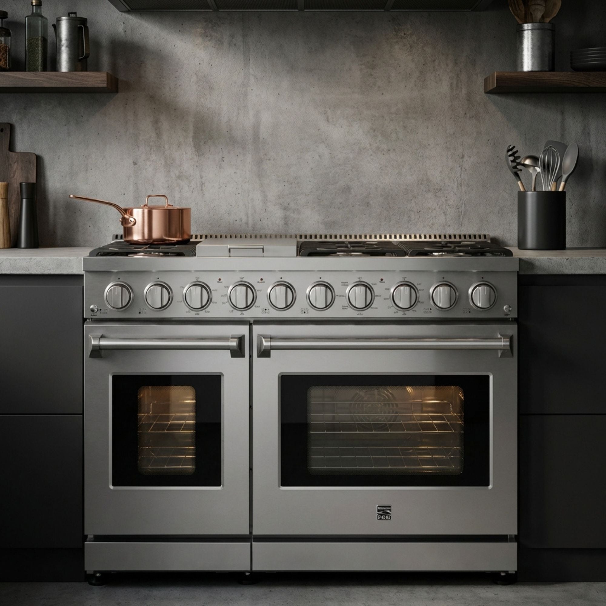 Kenmore PRO stainless steel front-control range installed in a modern residential kitchen 