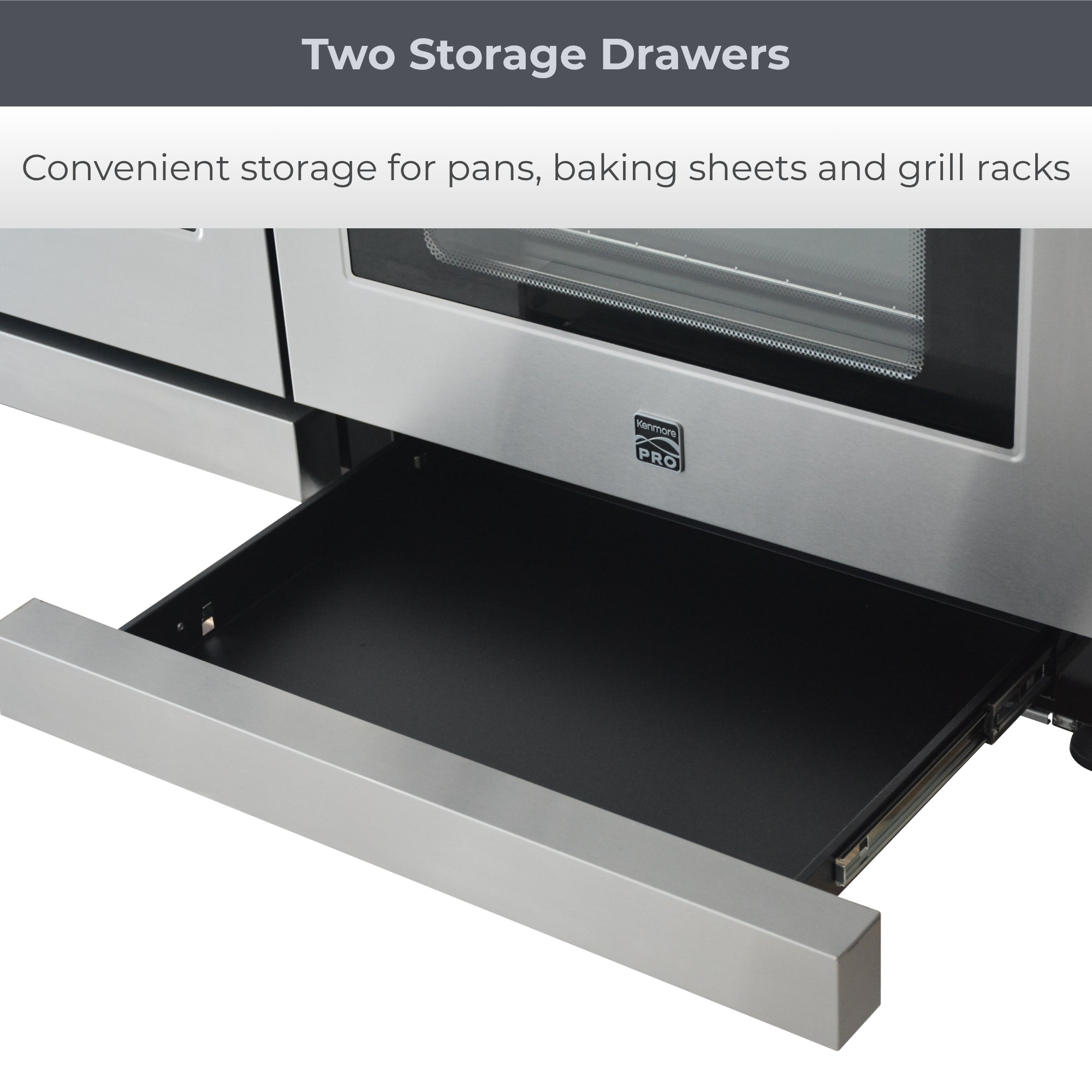 Closeup of lower part of the right oven wtih the storage drawer open.  Text above reads, "Two storage drawers: Convenient storage for pans, baking sheets and grill racks "