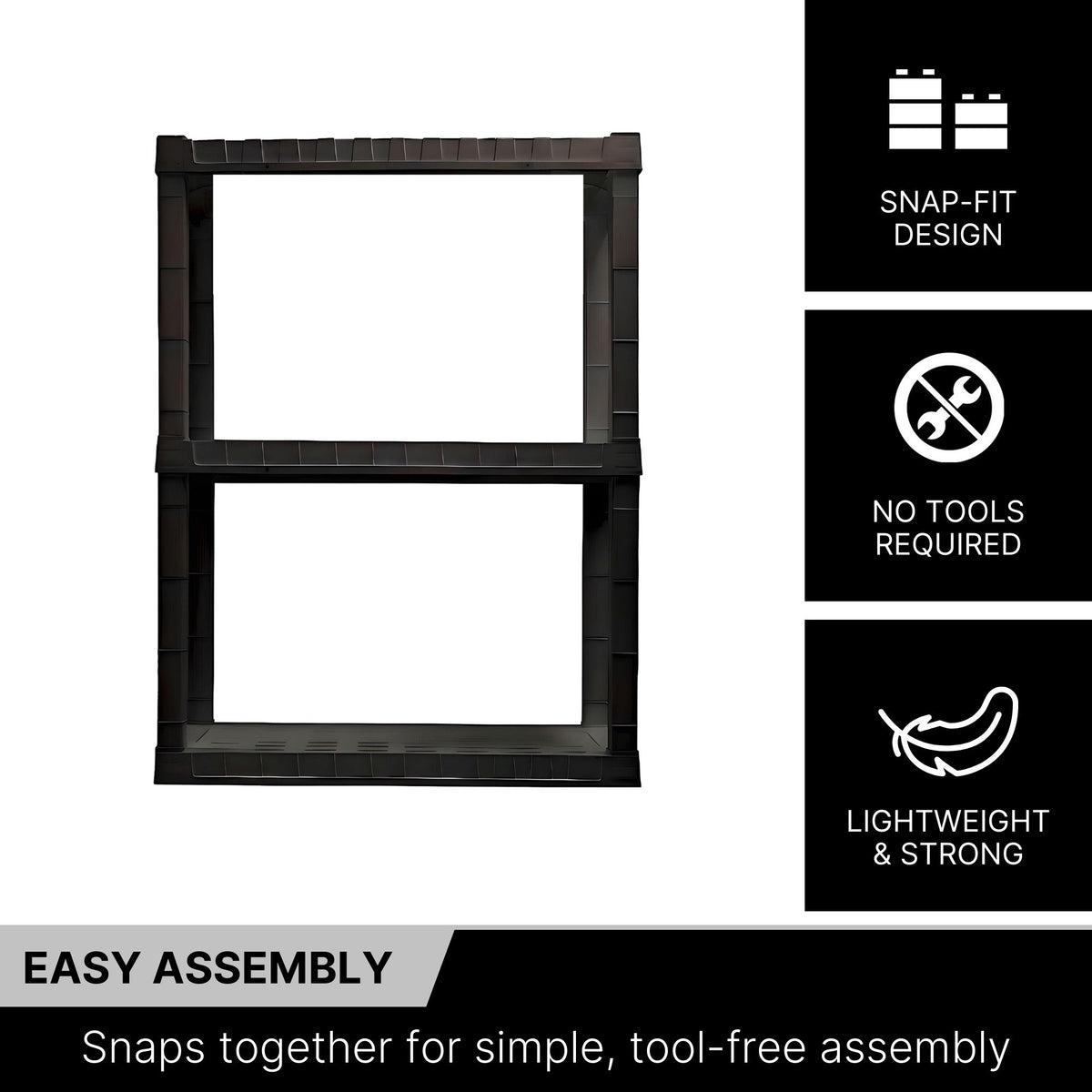 Oskar 3-tier storage shelf on a white background with text and icons to the right describing features: Snap-fit design; No tools required; Lightweight and strong. Text below reads,"Easy assembly: Snaps together for simple, tool-free assembly"