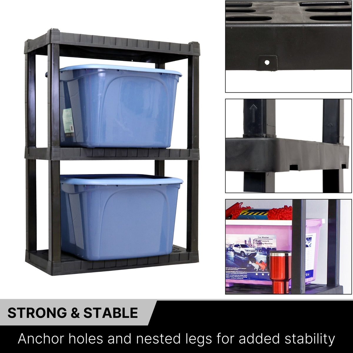 Oskar 3-tier storage shelves storage totes on the shelves on a white background on the left with 3 closeup images to the right showing the anchor holes, nested legs, and height of shelf. Text below reads, "Strong and Stable: Anchor holes and nested legs for added stability"