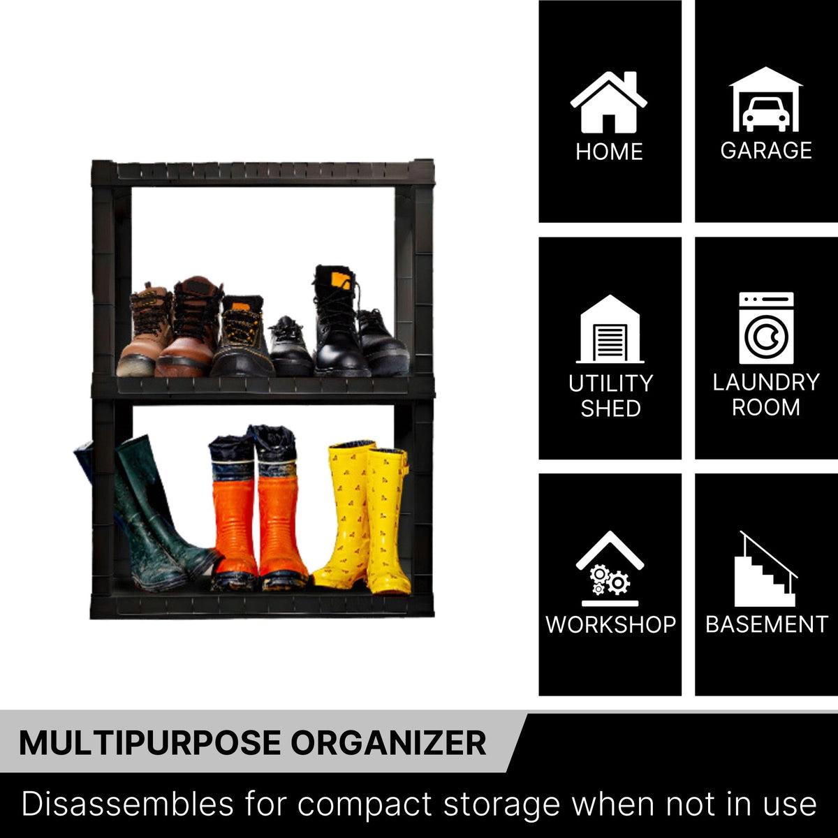 Oskar 3-tier storage shelf with kitchen items and storage totes on a white background. Text and icons to the right list places where the unit could be used: Home, garage, utility shed, laundry room, workshop, basement. Text below reads,"Multipurpose organizer: Disassembles for compact storage when not in use"