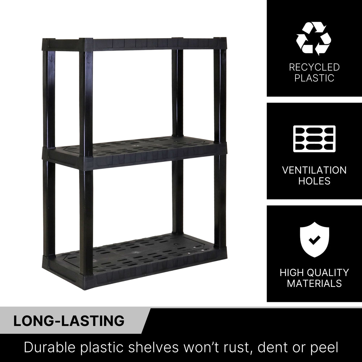 Oskar 3-tier shelf unit on a white background with text and icons to the right describing features: Recycled plastic; ventilation holes; high quality materials. Text below reads,"Long-lasting: Durable plastic shelves won’t rust, dent or peel"