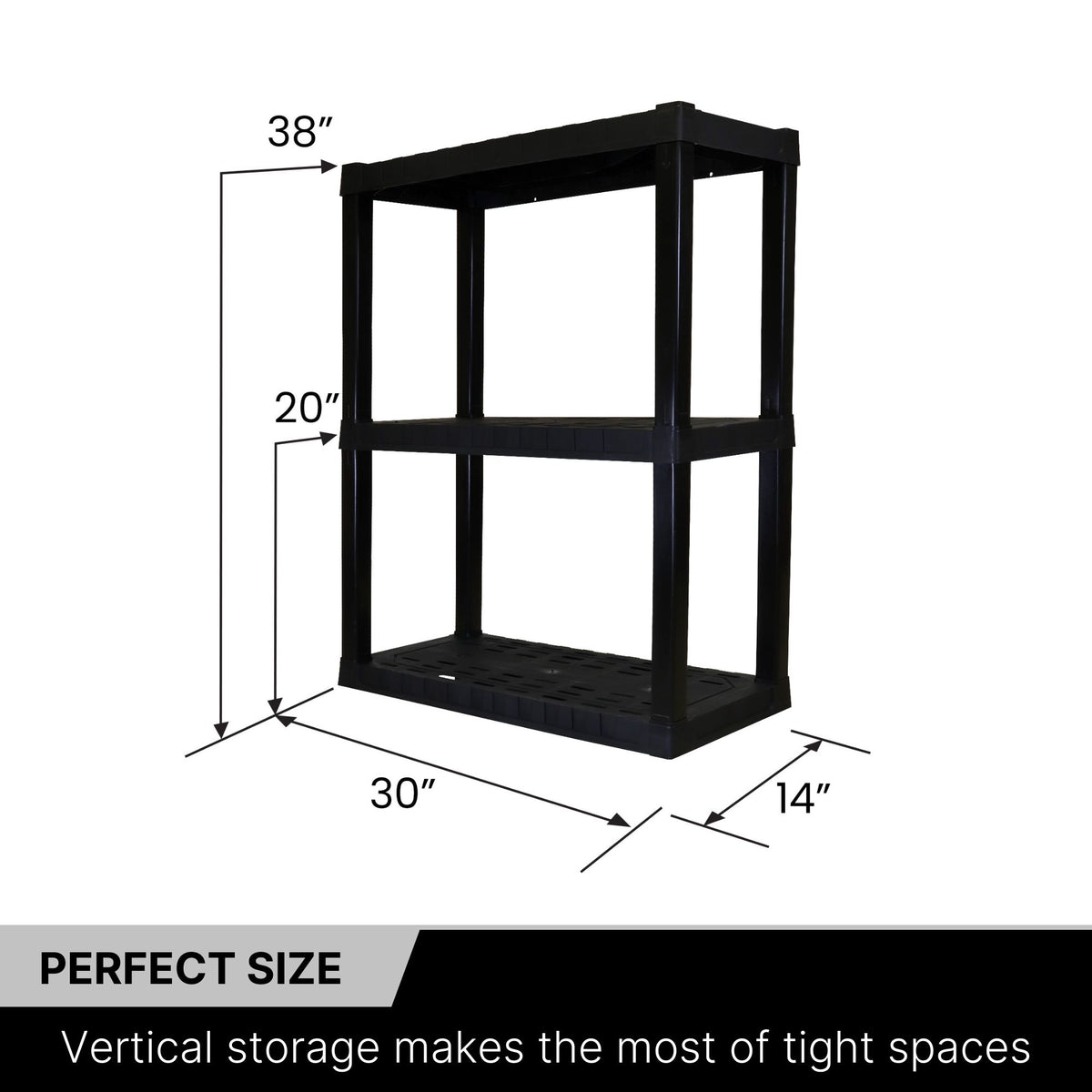 Oskar 3-tier storage shelf unit empty on a white background with dimensions labeled. Text below reads, "Perfect size: Vertical storage makes the most of tight spaces"