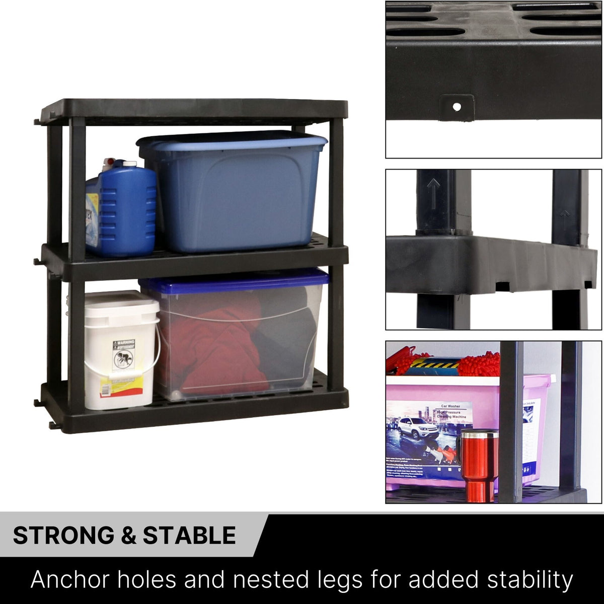 Oskar 3-tier storage shelves storage totes on the shelves on a white background on the left with 3 closeup images to the right showing the anchor holes, nested legs, and height of shelf. Text below reads, "Strong and Stable: Anchor holes and nested legs for added stability"
