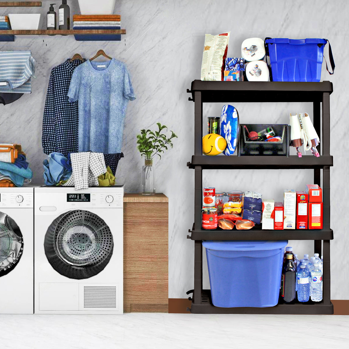 Oskar 4-tier storage shelves with laundry supplies and blue totes on it set up beside a white washer and dryer and wicker laundry hamper with shirts hanging above