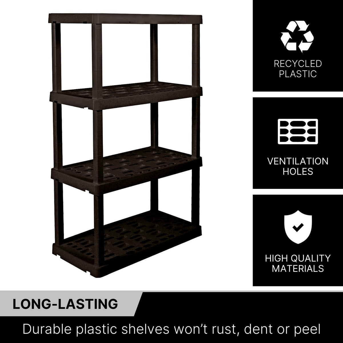 Oskar 4-tier shelf unit on a white background with text and icons to the right describing features: Recycled plastic; ventilation holes; high quality materials. Text below reads,"Long-lasting: Durable plastic shelves won’t rust, dent or peel"