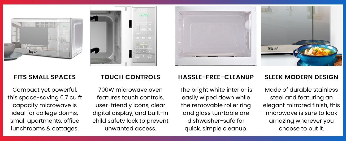 Four images with text below describing features of the Total Chef stainless steel microwave: Fits small spaces; touch controls; hassle-free cleanup; sleek mirrored design