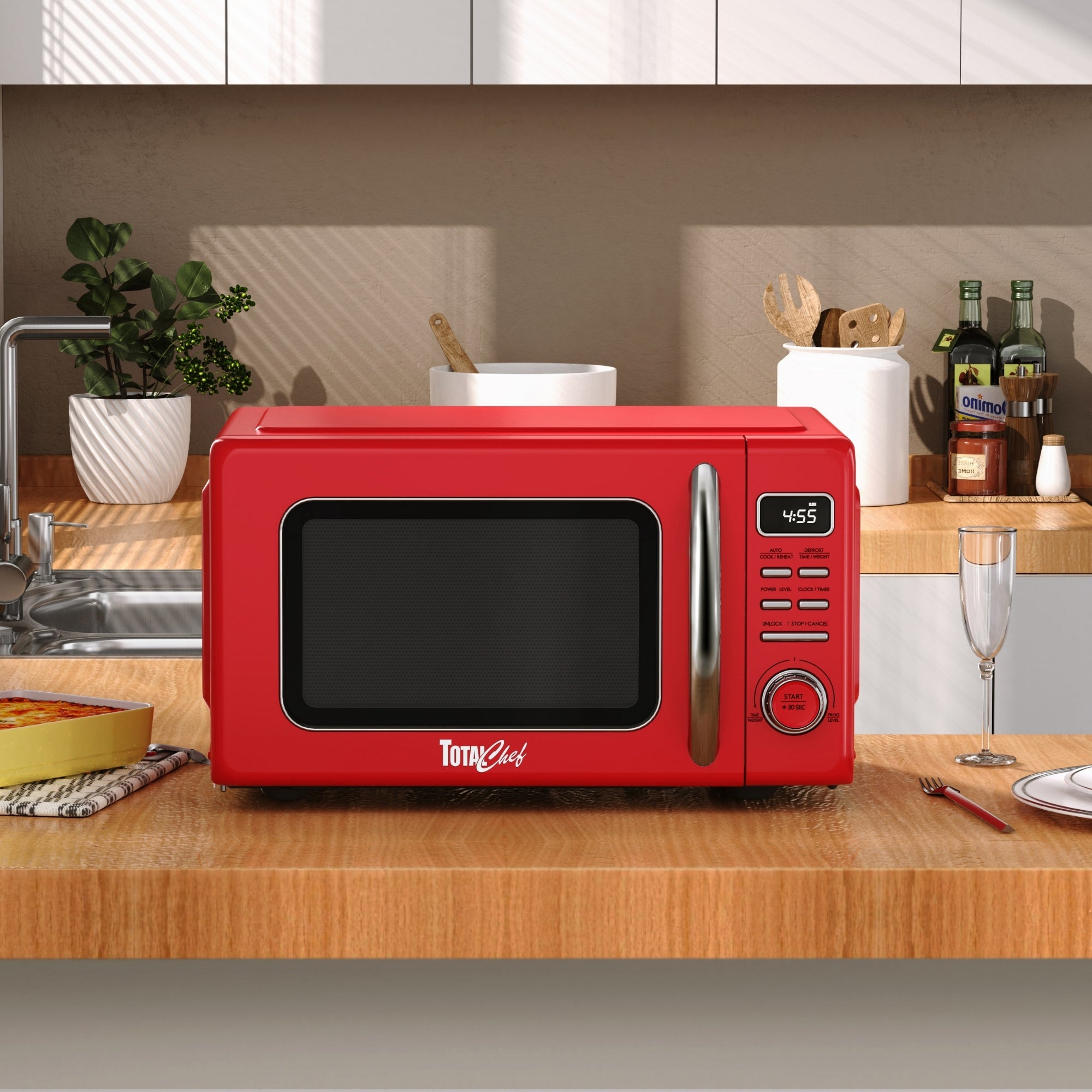 Total Chef Retro Microwave Oven, 0.7 Cu Ft, 8 Pre-Sets, 700W, Red