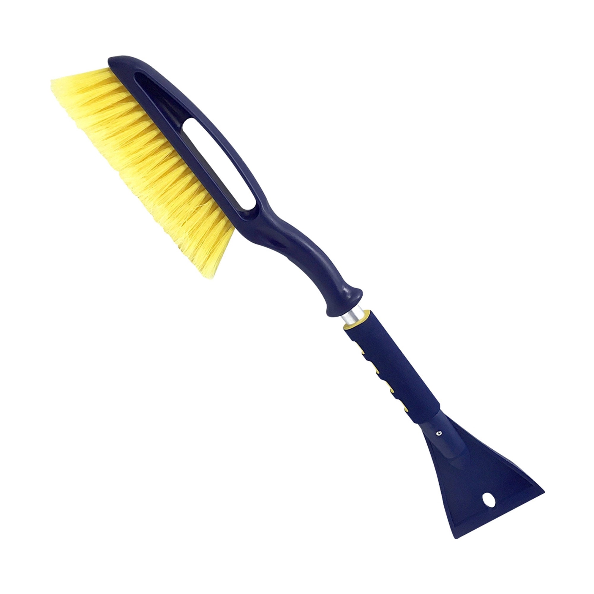 Product shot of snow brush on white background with two inset closeups to the right: The first shows a hand holding the brush head grip and the second shows the ice scraper.