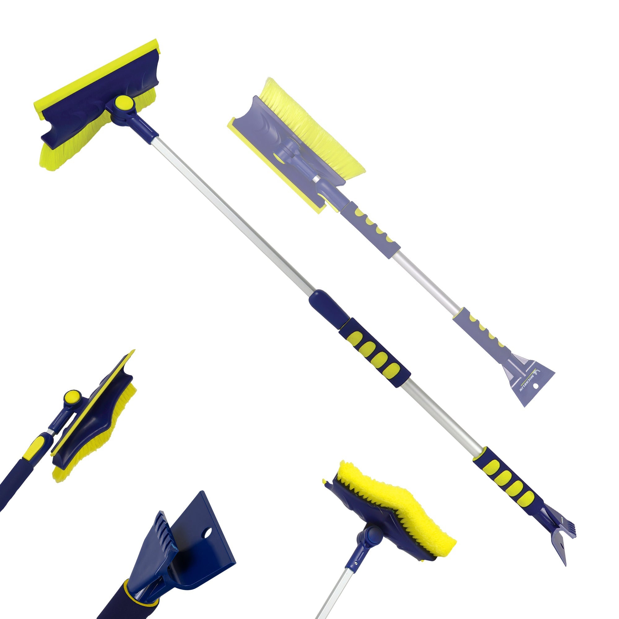 Two product shots of snow brush on white background: The first shows the brush fully extended and the second is partly transparent and shows the brush not extended. Three inset closeups on the bottom show the squeegee, ice scraper, and double-curved brush head