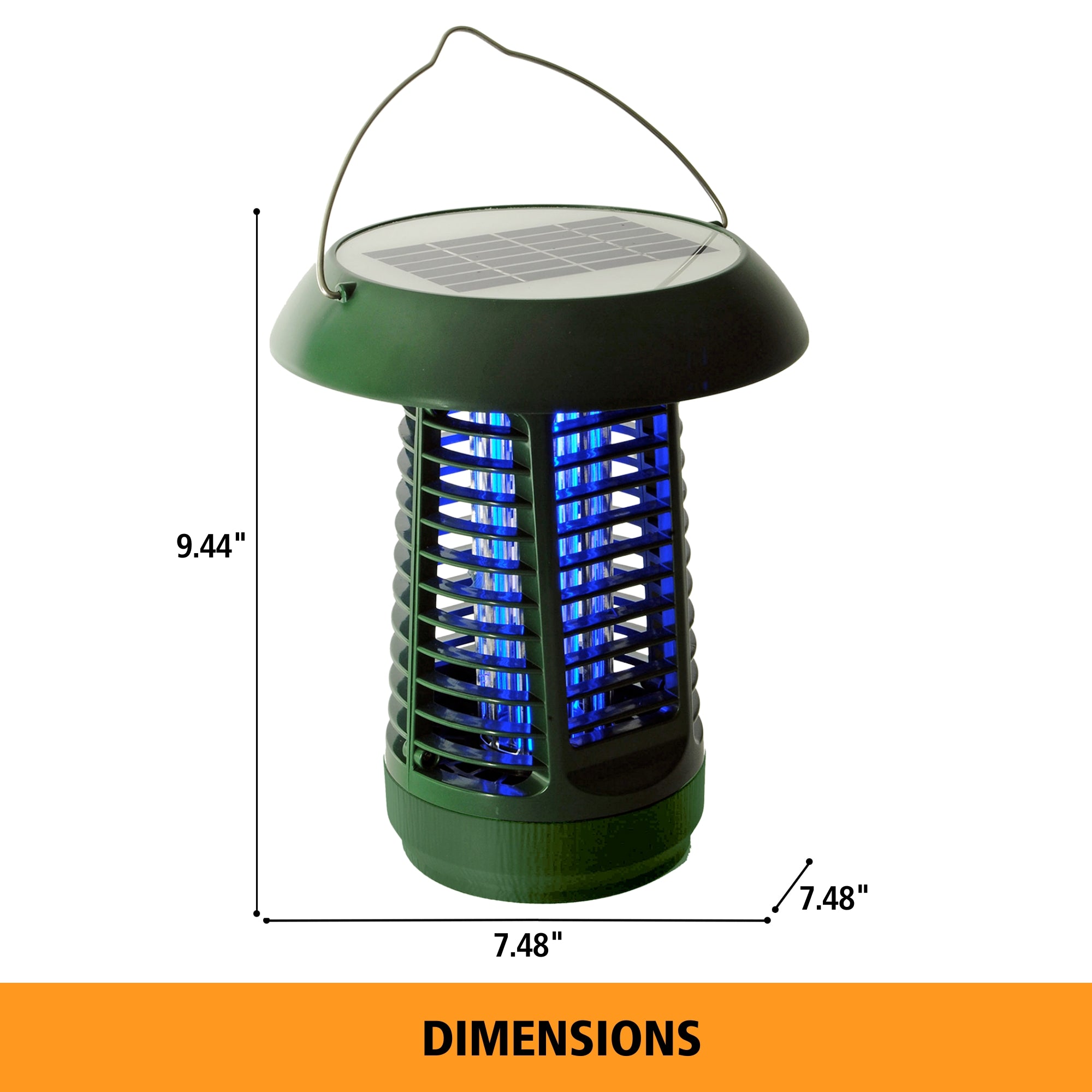 Bite Shield solar powered electronic flying insect zapper on a white background with dimensions labeled
